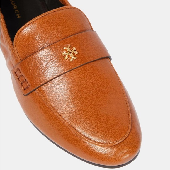 Tory Burch Ballet Bourbon Brown Leather Gold Logo Embellished Loafers - Picture 3 of 16